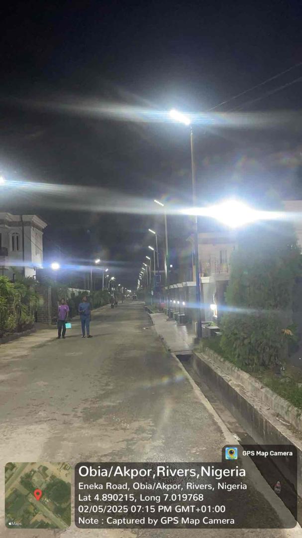 Solar street lights illuminated at night