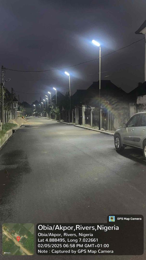 Estate road illuminated by solar street lighting at night