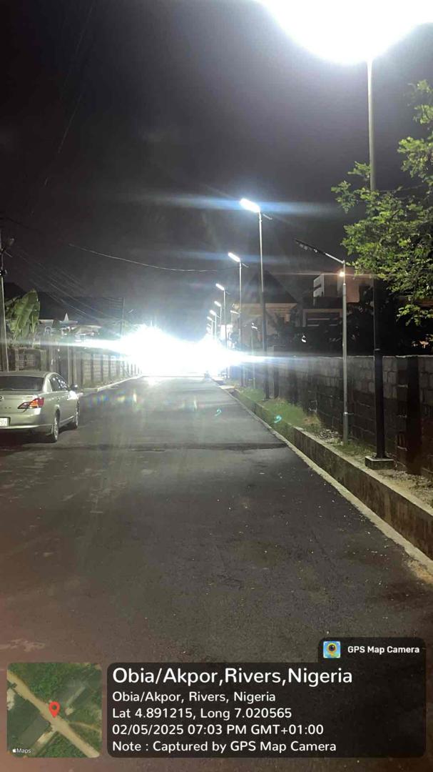 Completed solar street lighting along estate avenue at night